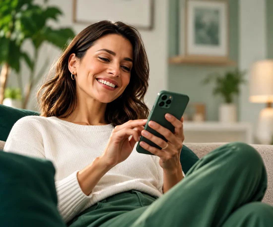 Mosolygó nő a telefonján tölti ki a felmérést a kanapén