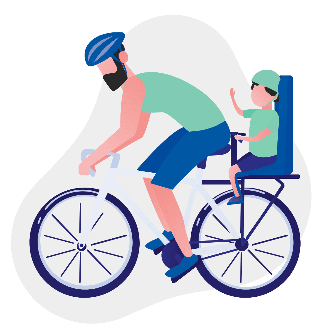 Apuka biciklizik gyermekével – a balesetbiztosítás a család védelmét jelképezi