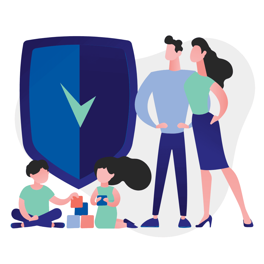 Család illusztráció pajzzsal, az életbiztosítás védelmének szimbóluma