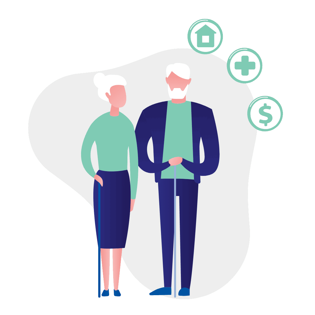 Két idős házaspár a képen, jobb oldalt lakhatási, megtakarítási és egészségügyi kiadásokat jelképező ikonokkal – a nyugdíjbiztosítás szemléltetése